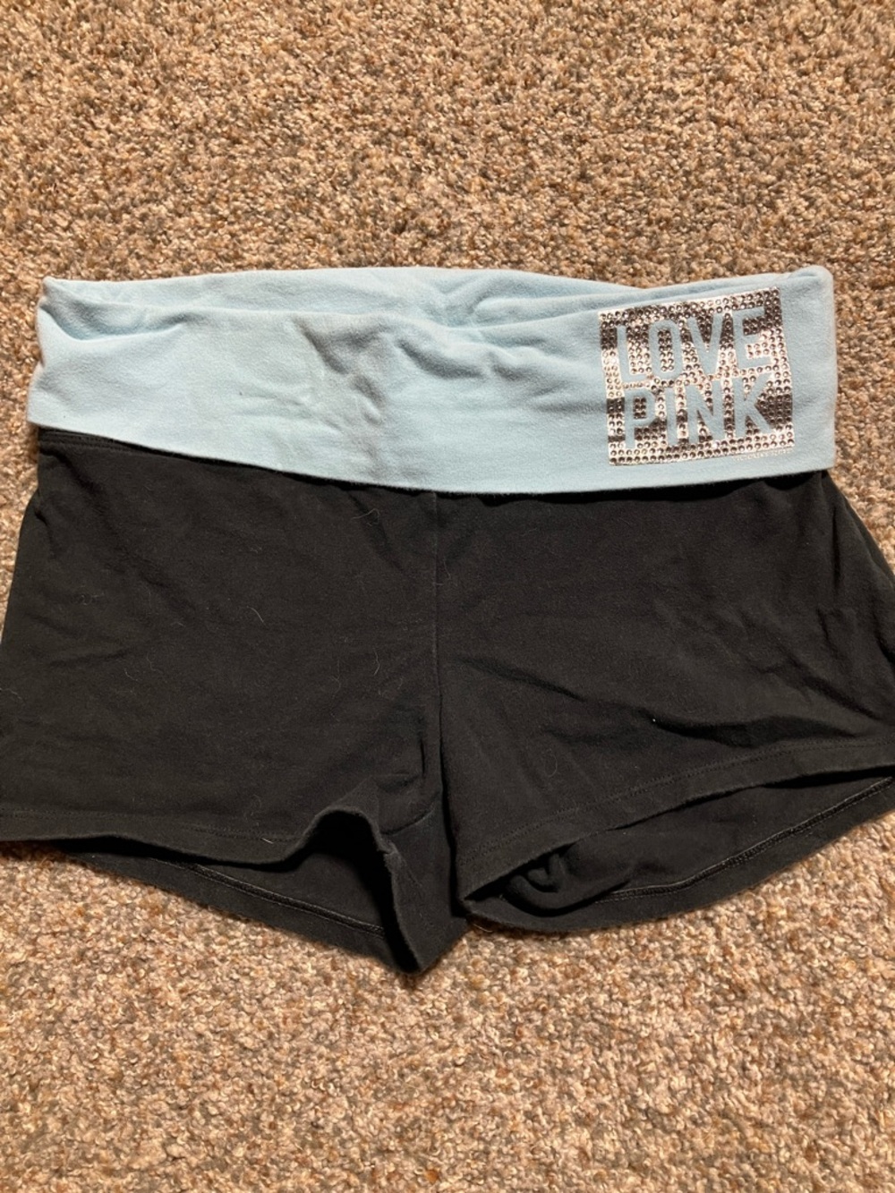 PINK Victoria's Secret Black Yoga Shorts with Light Blue Fold-Over Waist